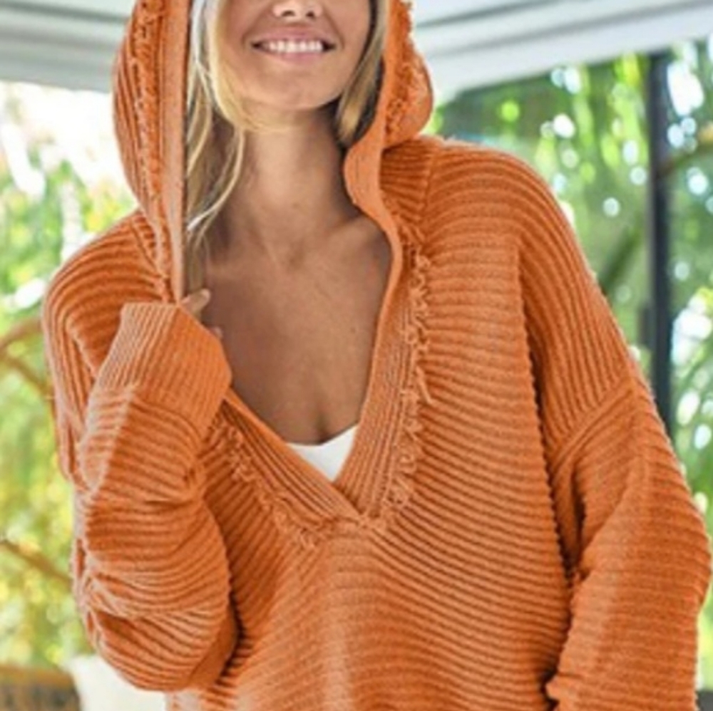 BiBi Rust Orange V-Neck Fringe Knit Sweater - Picture 9 of 9